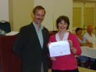 WBro Ian Gallehawk presents a cheque to Marion Smith, community fundraiser for EllenorLions Hospice.    May 2011 Charity Quiz